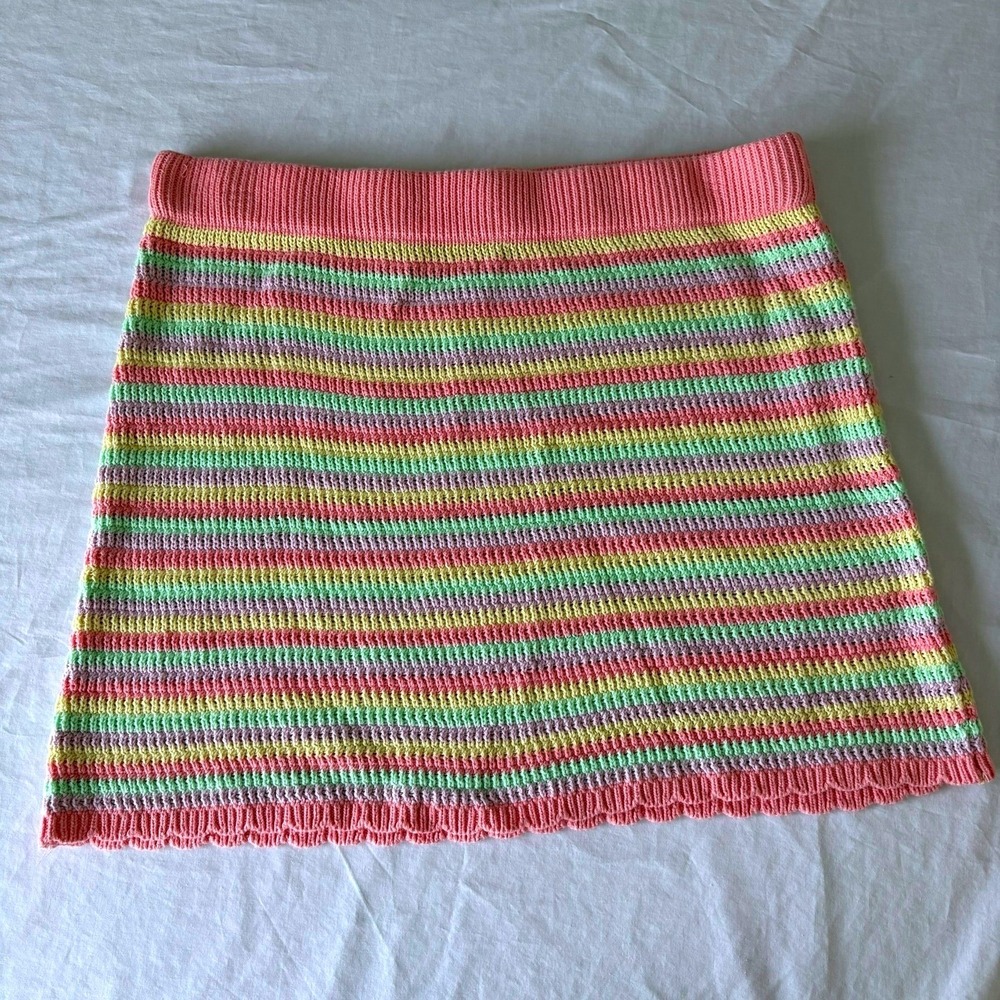 Pink Striped Crochet Knit Mini Skirt XL Pastel Boho Cotton Summer